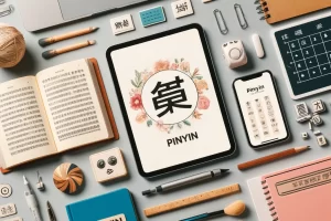 a group of office supplies, pinyin